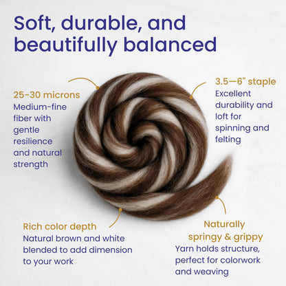 Revolution Fibers Yin Yang Natural Blend of Corriedale Wool Roving (8 Ounces) | Perfect for Felting, Hand Spinning & Tapestry |100% Natural Undyed Off-White & Brown Blend