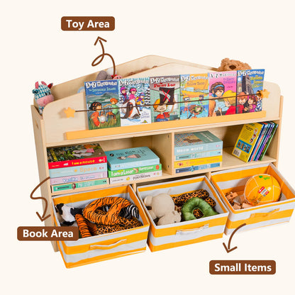 Zoolino Kids Toy Storage Organizer with Bookshelf, Wooden Montessori Playroom Furniture with 3 Removable Bins & Anti-Tip Kit, Toddler Storage Cabinet for Rooms, Playroom, Kindergarten, Natural