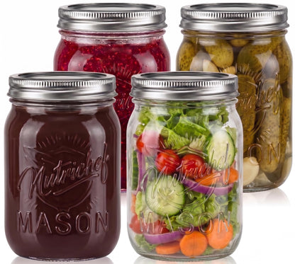 NutriChef 4-Pack 16 oz Mason Jars with Lids - Thick Glass Canning Jars with Stainless Steel Lids - Ideal for DIY Spices, Meal Prep, Overnight Oats, Jelly, Jam, Honey, Candles, Crafts, & More