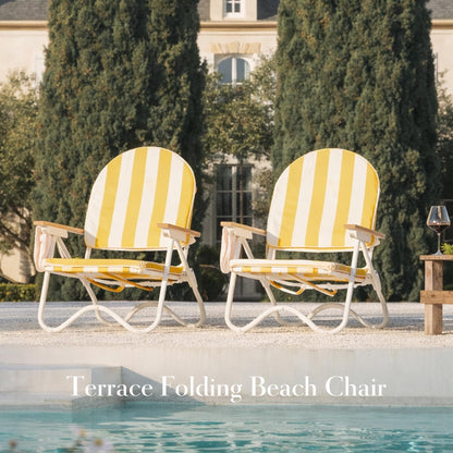 DEER LAND Padded Low Beach Chair, 4-Position Folding Outdoor Chair with Wooden Armrests, Cushioned Seat, Storage Pouch & Carry Strap for Beach, Patio and Lawn, Cala Serena Ochre Stripe