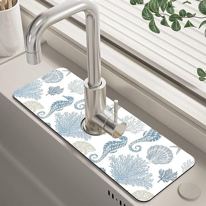 Marine Seashell Seahorse Coral Kitchen Sink Splash Guard Mat Absorbent Fast
