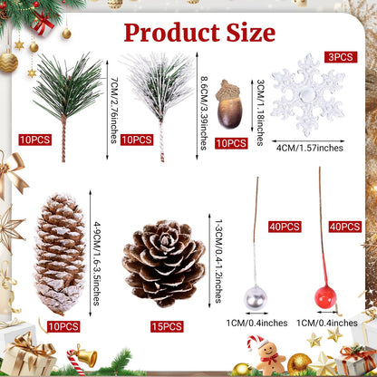 Christmas Decorations Pine Cones, 138PCS Natural Pinecones Berry Pine Branch Snowflake Set, White Christmas Ornaments Indoor Table Decor for Home Winter Decoration, Wreath Making Supplies