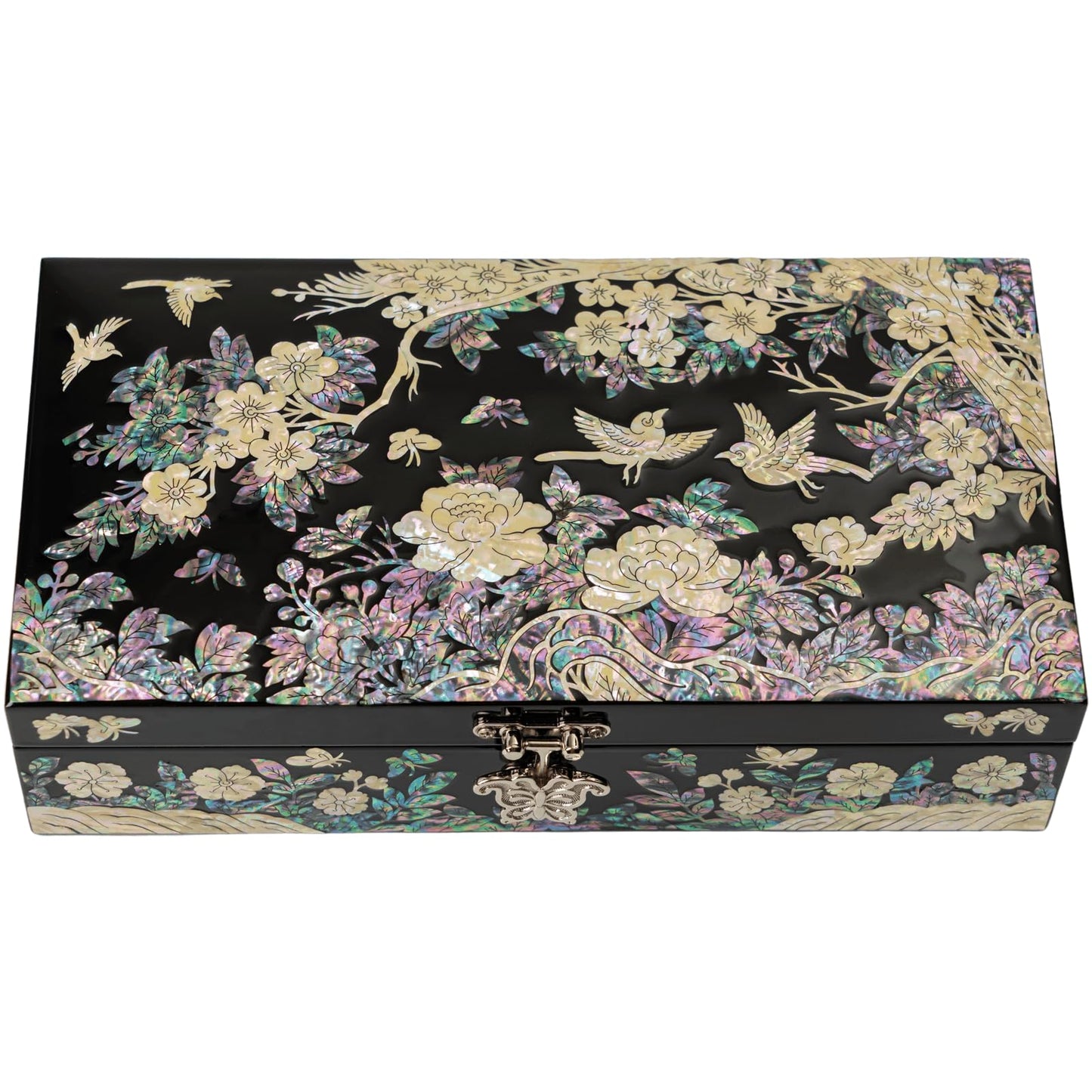 February Mountain Mother of Pearl Large Jewelry Box with Ring Tray - Handmade Unique Gifts for Women - Abalone Shell Keepsake Decorative Box