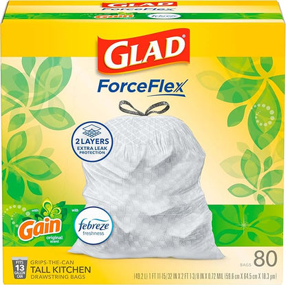 Glad ForceFlex Tall Kitchen Drawstring Trash Bags, 13 Gal, Gain Original