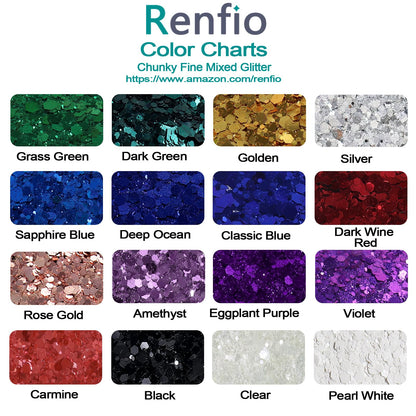 Renfio Chunky Glitter, 16 Colors Resin Glitter Set Each 10g/0.35oz PET Chunky Flakes Sequins Mix Fine Powder for Crafts, Resin Accessories, Snow Globe Tumbler Supplies, Nails