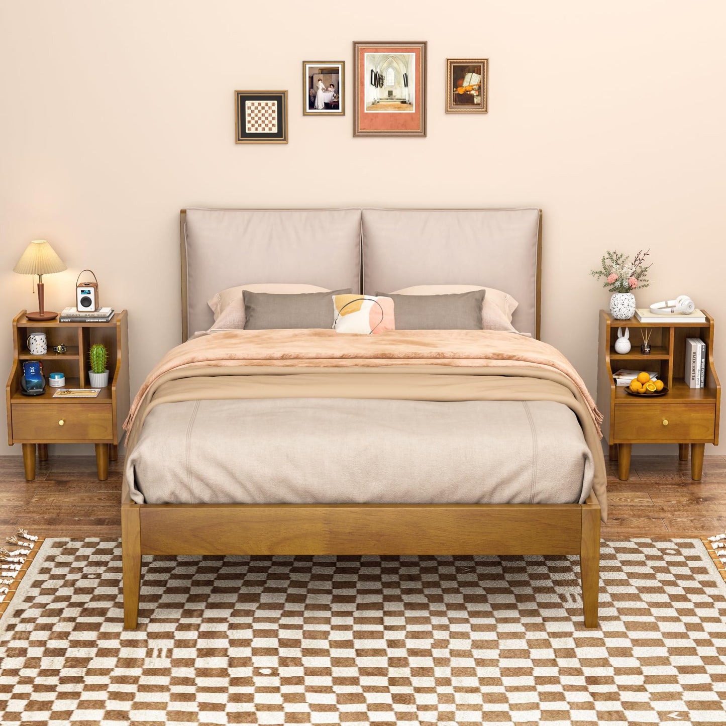 Solid Wood Nightstand, Walnut Bookshelf Nightstand with Open Storage Shelves, Mid Century Modern Night Stand with Drawer, Bedside Table for Bedroom