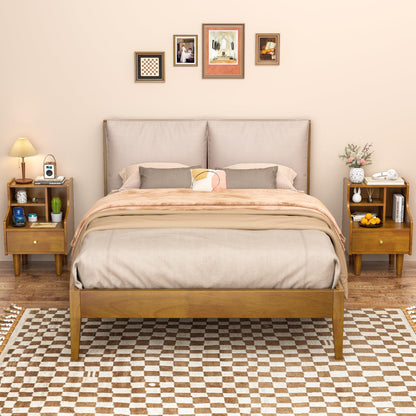 Solid Wood Nightstand, Walnut Bookshelf Nightstand with Open Storage Shelves, Mid Century Modern Night Stand with Drawer, Bedside Table for Bedroom