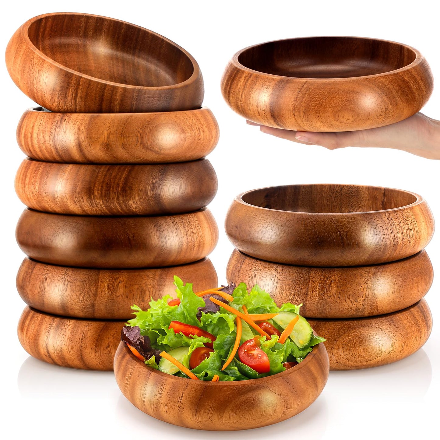 Honeydak 6 Pcs 7.87 Inches Acacia Wooden Bowls Calabash Salad Bowls Round Wood Hand Carved Dip Tray for Serving Popcorn Pasta Dessert Coconut Nuts Sauce Appetizers