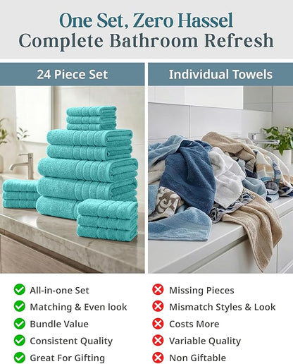 24-Piece Towels for Bathroom – 100% Cotton Towel sets, 2 Bath Sheets, 2 Bath
