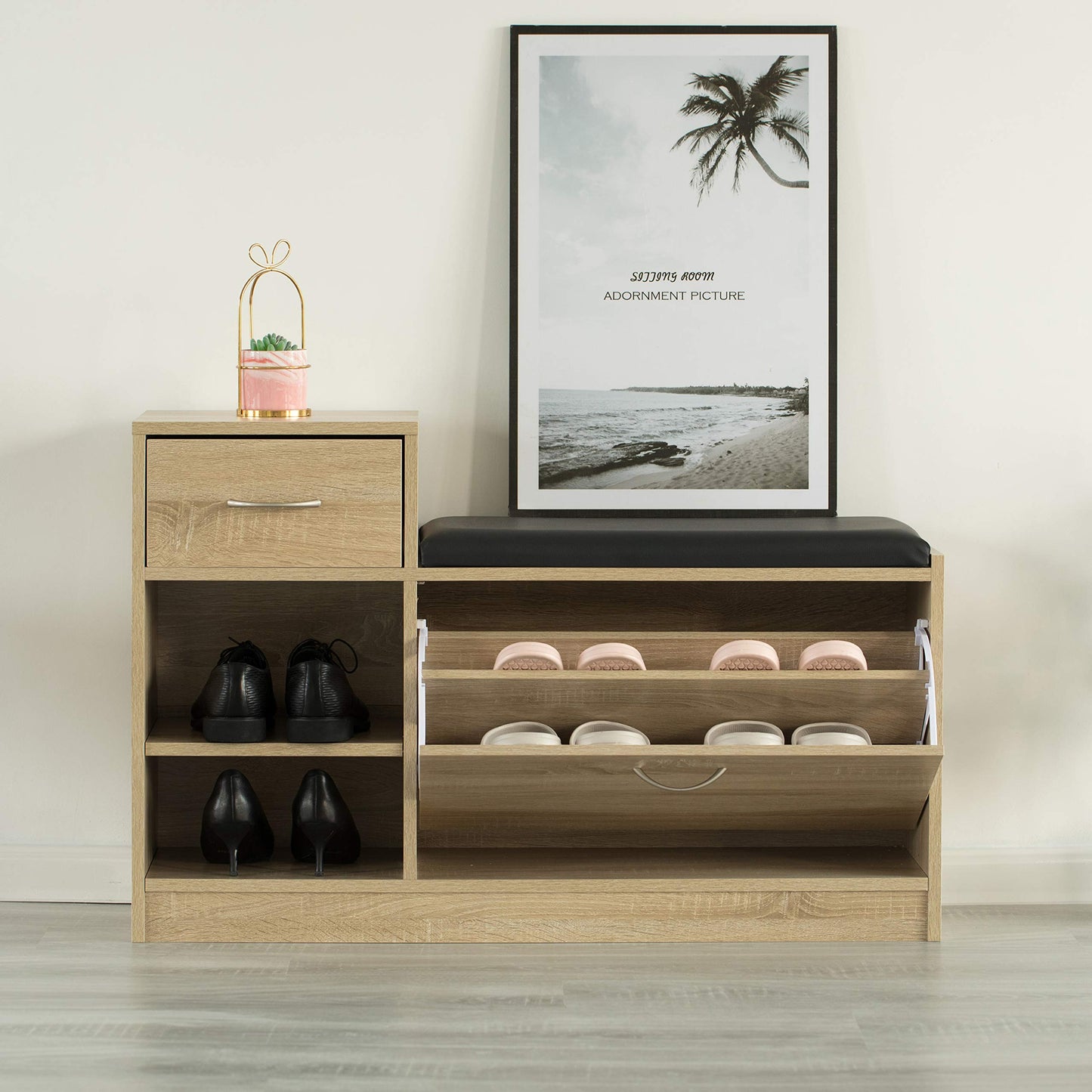 Basicwise, Oak Wooden Entryway Shoe Storage Bench with Cushion (QI003942.OK)