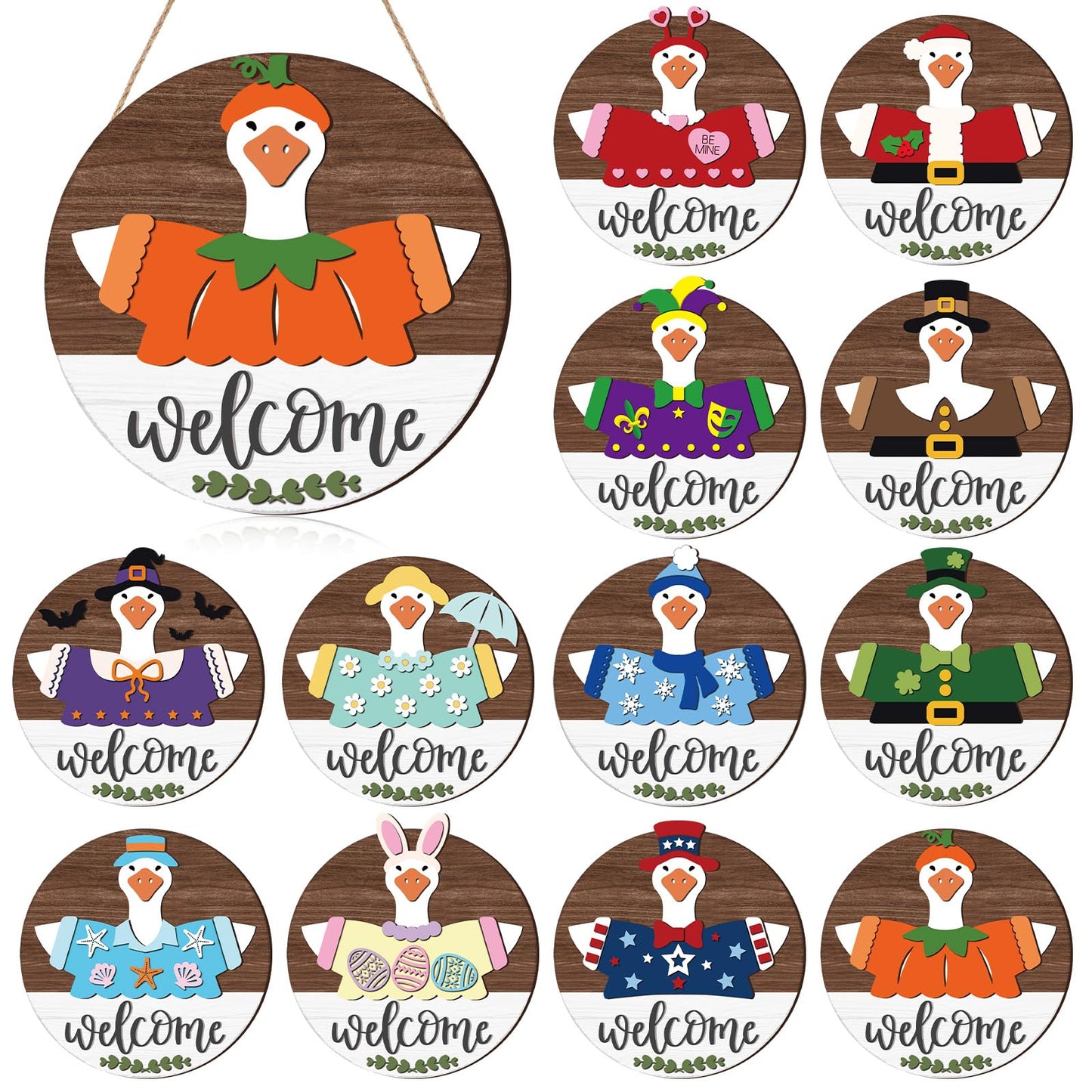 Weysat 25 Pcs Interchangeable Wooden Goose Decor, 11.8 Inch Holiday Seasonal Welcome Changeable Geese Signs Rustic Farmhouse Front Door Round Wreaths Wall Hanging Decorations for Porch Home Outdoor