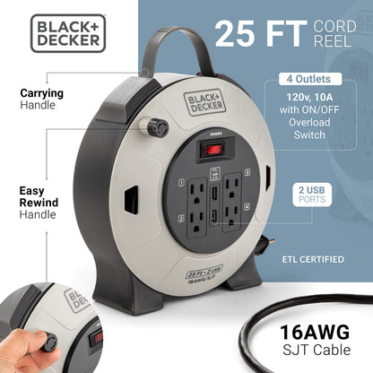 BLACK+DECKER 25 Ft. Retractable Extension Cord Reel with 4 Outlets, 2 USB Ports, Multi-Plug Extension, On/Off Switch & Heavy-Duty 16AWG SJT Cable