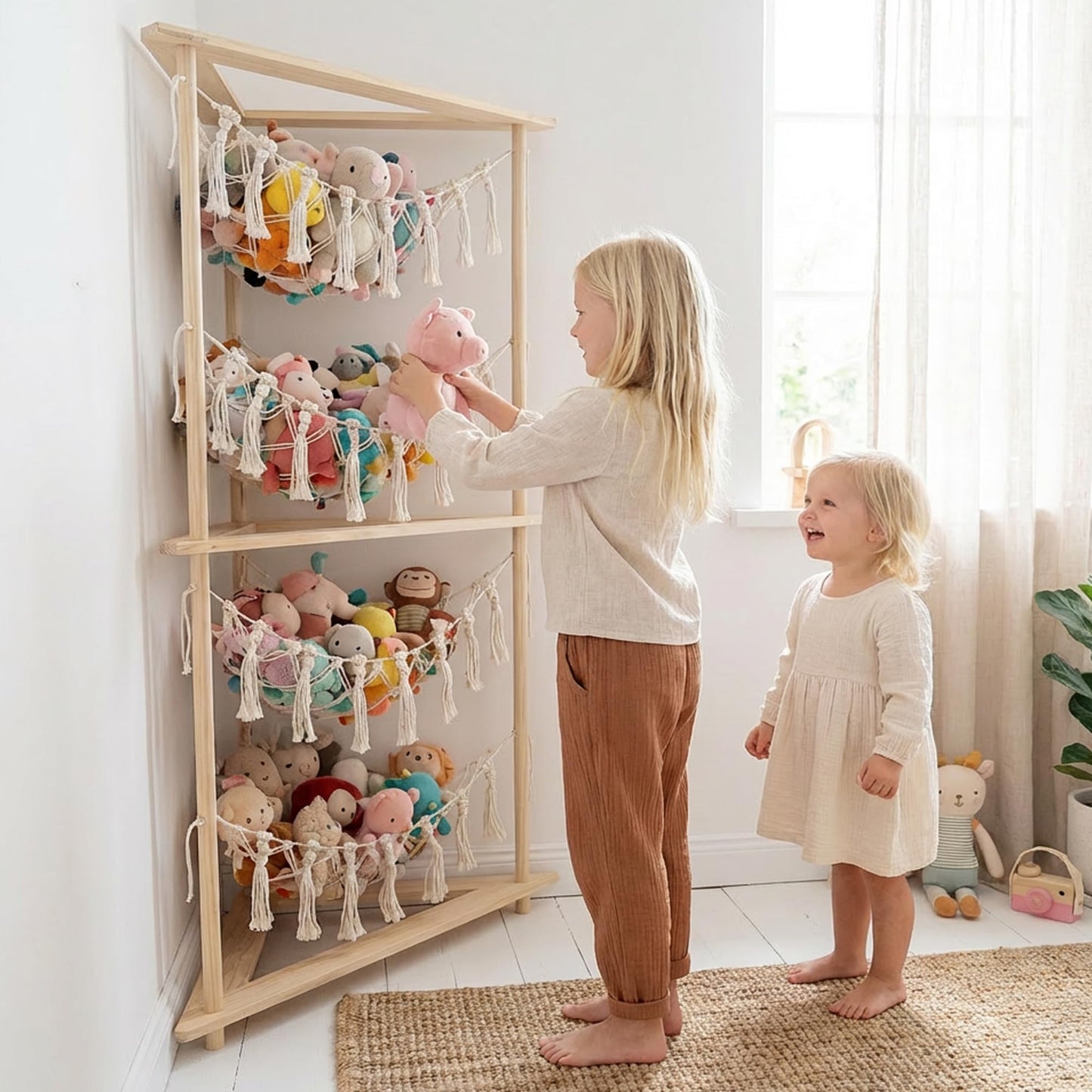 YKBU Wooden Corner Stuffed Animal Storage Organizer, 4-Tier Boho Macrame Toy Hammock Display Shelf, Free-Standing Open-Access Teddy Bear Zoo Holder for Nursery, Playroom & Kids Bedroom