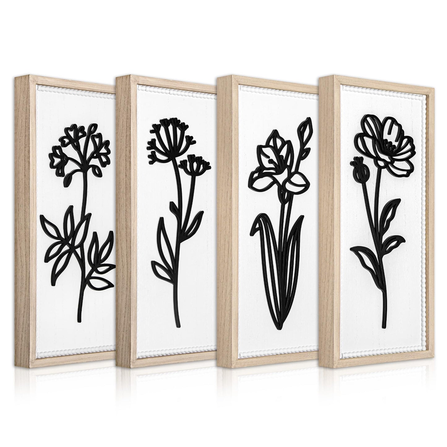 Parlor Boudoir White Floral Bathroom Wall Decor Set of 4, 3D Wooden Floral Wall Art, Neutral Boho Farmhouse Gallery Decor for Bedroom, Hallway