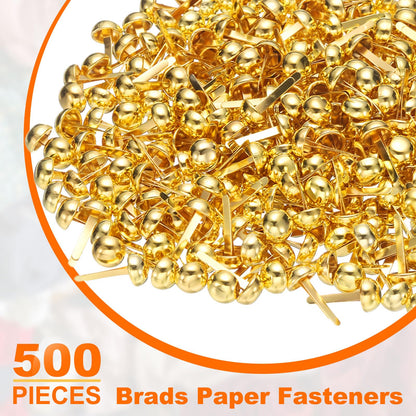 HARFINGTON 500pcs Brads Paper Fasteners, 8mm x 17mm Metal Paper Crafts Brads, Small Round Brass Split Pins for Children Crafting Decorative Scrapbooking DIY, Gold