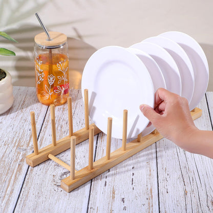 Leooomap 8-Slot Bamboo Wooden Plate Rack, Dish Drying Rack & Pot Lid Holder Stand, Kitchen Cabinet Organizer for Bowls, Cups, Cutting Boards