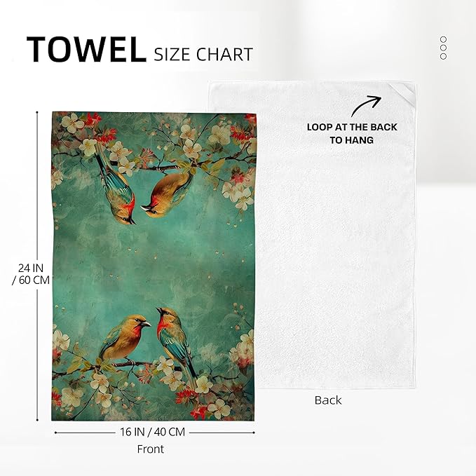 Cute Birds Kitchen Towels Decorative Set of 2, Absorbent Dish Towels Green Tea