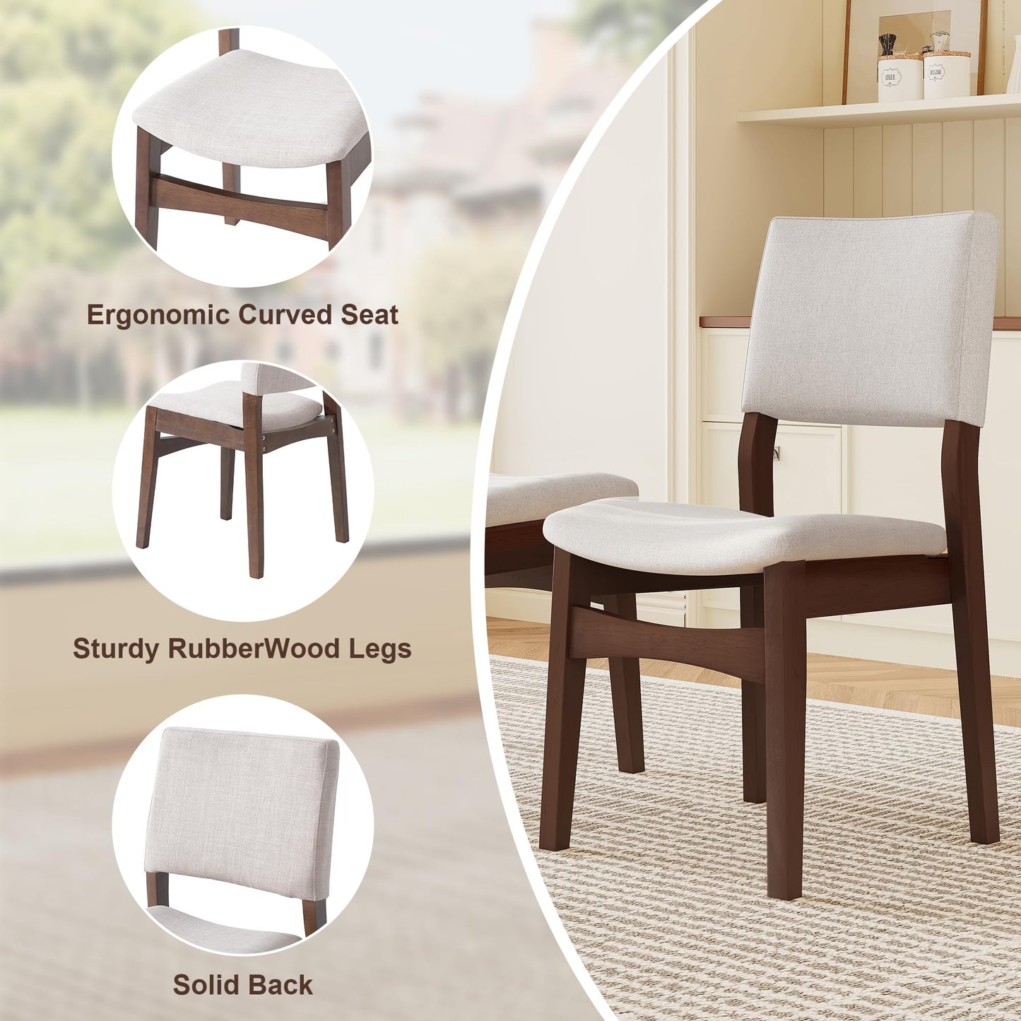 Upholstered Stackable Dining Chairs Set of 2 Linen Fabric Seat Backrest, Solid Wood Frame, Rustic Kitchen Chairs for Dining Room, Living Room, Dark Walnut BM21