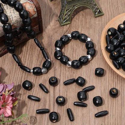 PONABEADIY 2 Styles 200PCS Natural Black Wooden Beads with Hole Oval Barrel Wood Handmade Dyed Macrame European Charms Loose Bead for Jewelry Making Bracelet Hair Braid Christmas DIY Crafts Supplies