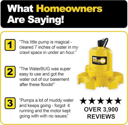WAYNE - WaterBUG 1/6 HP 1350 GPH Submersible Pump with Multi-Flo Technology - Water Removal and Transfer Pump, Yellow