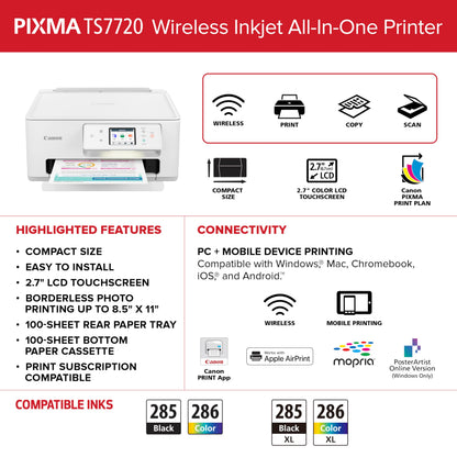 Canon PIXMA TS7720 Wireless All-in-One Color Inkjet Printer – Print, Copy, Scan – Auto Duplex, 15/10 PPM, 2.7” Touchscreen, Compact Home Photo Printer with Easy Setup
