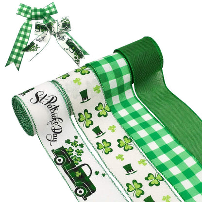 Tlswshsy 4 Rolls Shamrock Wired Edge Ribbon - 2.5''×24 Yard St Patrick's Day Green Wired Ribbon, Burlap Plaid Shamrock Fabric Craft Irish Ribbons for Gift Wrapping, Wedding Birthday Crafts Decorations