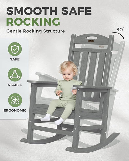 Oversized Outdoor Rocking Chair Set of 4, High Back Porch Rocker Chair, HDPE Rocking Chairs for Patio, Living Room, Light Grey