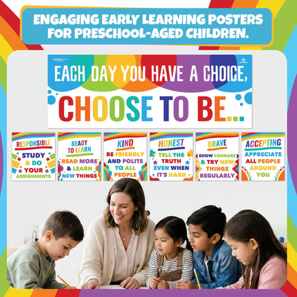 Sproutbrite 7 Educational Posters & Charts - 1 Big Banner 13.5" x 39" and 6 Smaller 12" x 13.5" - Kindness Posters – Motivational Chart and Wall Decor for Pre, Elementary and Middle School - Encourages Positive Choices and Character Development