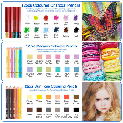 H & B Art Supplies, 72 Pack Drawing Supplies for Adults, Drawing Kit with Drawing Book, Coloring Book, Watercolor, Metallic Charcoal Macaron Oil-Based Coloured Pencils for Artists
