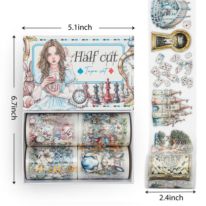 Snycler Pre-Cut Fairy Tale Themed PET Washi Tapes - Vintage Aesthetic Tape Stickers for Journaling, Scrapbooking, Junk Journals, Crafts, Planners - 4 Rolls