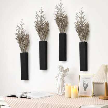 Wood Wall Planter 4 Pack Wall Decor for Artificial Flower Plants Wooden Plants Holders Wall Plant Pocket Vase Hanging for Living Room Bedroom Dining Room Bathroom Indoor Decroation (Black)