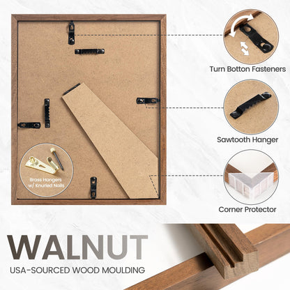 8x10 Picture Frame, USA-Sourced Natural Walnut Wood Photo Collage Frame with HD Tempered Glass, Modern Simple 8 x 10 Wooden Frame Matted to 5x7, Gallery Wall Frames for Art, Wall or Tabletop Display