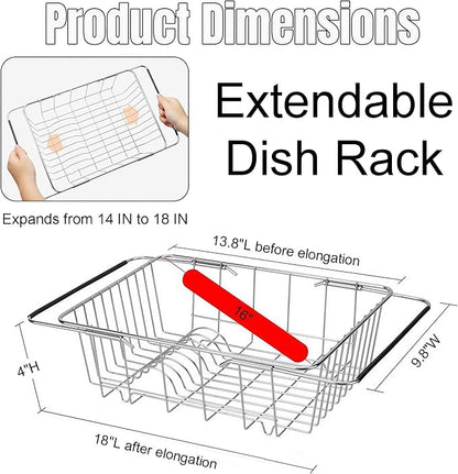 Expandable Dish Drying Rack, Rustproof Stainless Over Sink Dish Drainer Rack Basket Shelf, 304 Stainless Steel Metal Dish Drainer in Sink or On Counter Organizer Dish Dryer Rack for Inside Sink