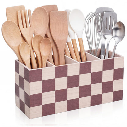 RoRofunny Extra Large Checkerboard Wooden Utensil Holder with 4 Compartments, 15.7" Long Farmhouse Kitchen Organizer, Rustic Cooking Tools Caddy for Countertop Spatulas Spoons Whisks