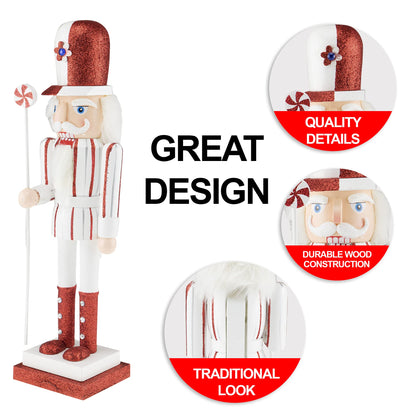 Clever Creations Peppermint 15 Inch Traditional Wooden Nutcracker, Festive Christmas Décor for Shelves and Tables