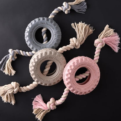 Pet Passion Natural Rubber Tire and Organic Cotton Rope Pull and Chew Dog Toy for All Pet Breeds, Blush, Medium