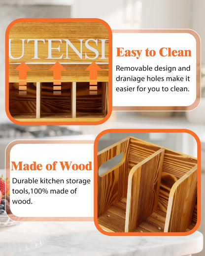 brekle Kitchen Utensil Holder for Kitchen Counter Large Wooden Organizer for Cooking Utensils Utensil Holder Counter Farmhouse Décor (Farmhouse Wooden)