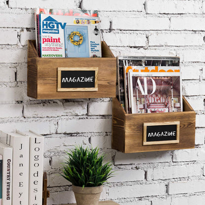 MyGift Rustic Burnt Wood Wall Mounted Mail, File & Magazine Holder Sorter Rack with Chalkboard Label, Set of 2