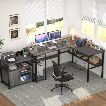 Unikito Reversible L Shaped Desk with Magic Power Outlets and USB Charging Ports, Sturdy Corner Computer Desk with Storage Shelves, Gaming Table Home Office Desk, Easy to Assemble, Enoch Walnut
