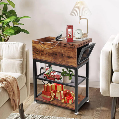 End Tables for Living Room, 28 inch Tall Side Table, End Tables with USB Ports and Outlets, 8.4" Super Deep Drawer, Flip Top End Table with Charging Station, Sturdy Steel X-Shaped Frame, Holds 216lbs