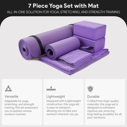 BalanceFrom GoYoga 7-Piece Set - Include Yoga Mat with Carrying Strap, 2 Yoga Blocks, Hand Towel and Knee Pad (Purple, 1/2"-Thick Mat)
