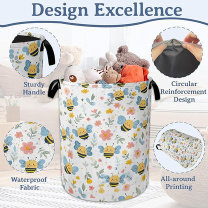 Cute Bee Laundry Basket, Foldable Oxford Cloth Pink Flowers Laundry Hamper