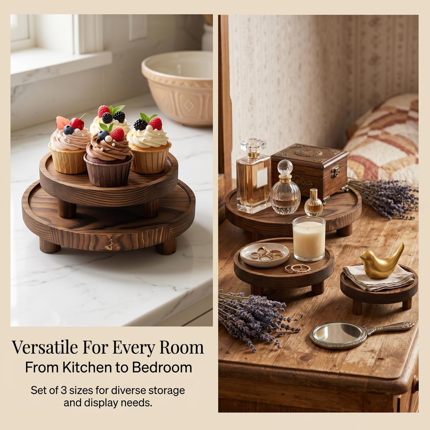 Knowearth 6 PCS 5/6/8 Inch Wooden Risers for Display Wood Pedestal Stand Round Mini Tray Stand Rustic Riser Tray Tiered Tray Decor for Party, Wedding, Birthday, Baby Shower