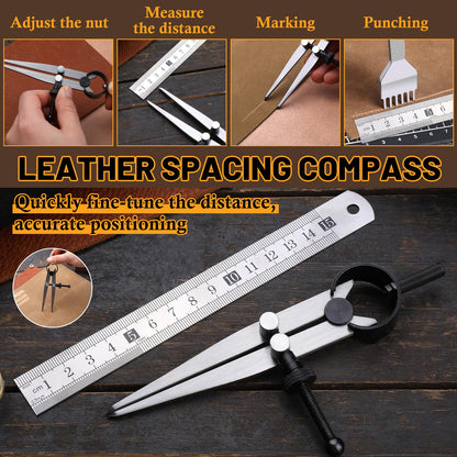 CBHGFEA Leather Working Tools Kit Includes Cutting Knife, Edge Burnisher, 1/2/4/6 Stitching Punch, Leather Compass Geometry Tool and Steel Ruler for DIY Leathercraft DIY Projects