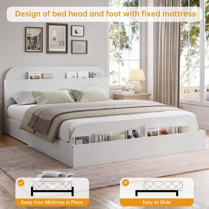 GarveeHome Queen Size Bed Frame, Wooden Beds with Storage Headboard and Raised-Foodboard, Queen-Floor Low Platform Bed for Bedroom, Sturdy Wooden Slats Support, No Box Spring Needed, White