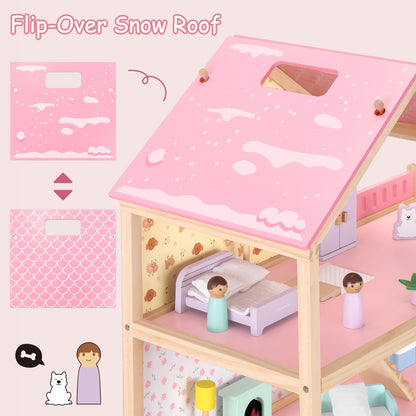 Pillowhale Wooden Dollhouse for Girls 3-Story Open Layout Playhouse with Furniture Accessories Pretend Play Role-Playing Toy Birthday Gift for Kids Ages 3+