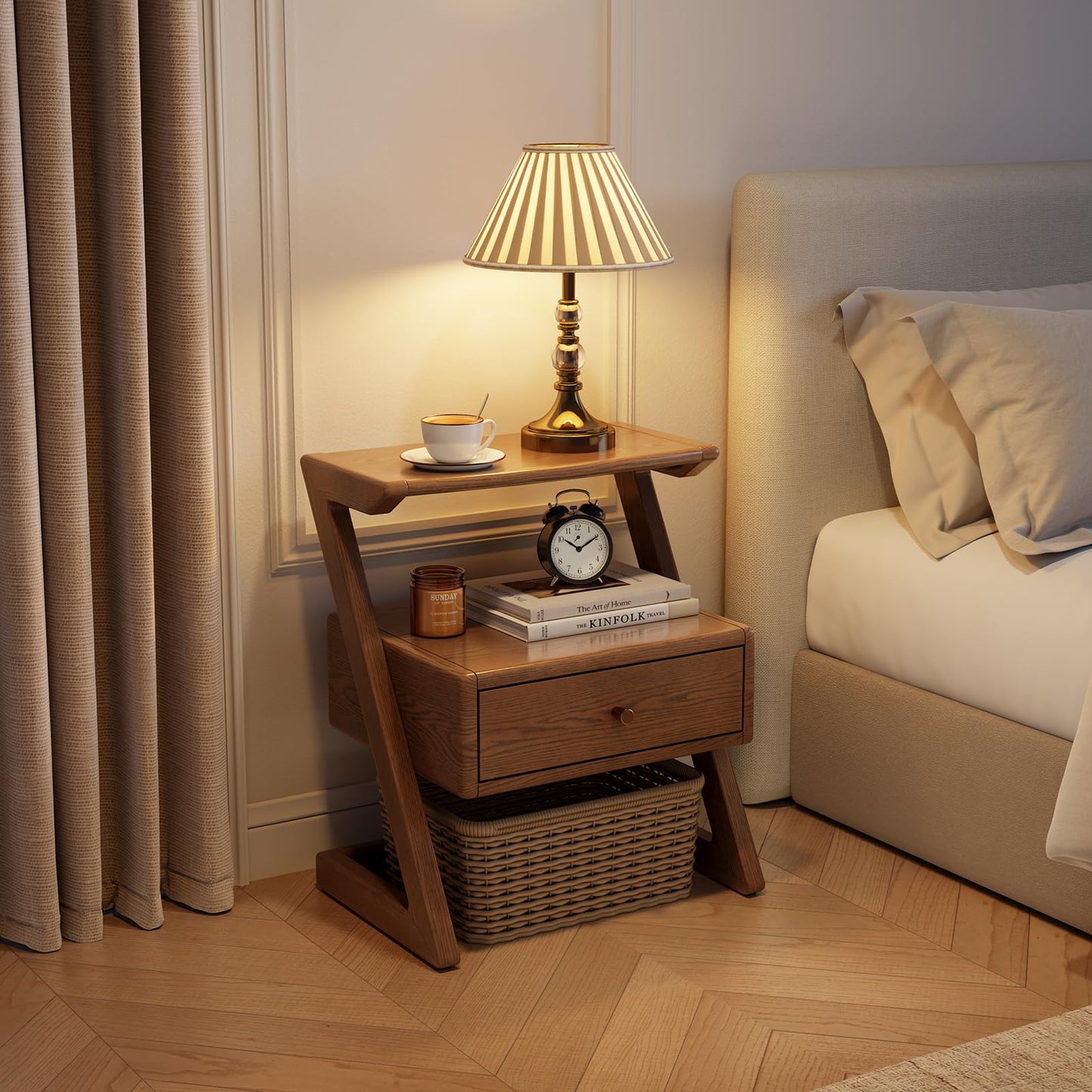 Solid Wood nightstands Set of 2 with Open Shelf and Drawers, Z Wooden Set of 2 nightstands with Open Storage, Bedside Table Set of 2 for Bedroom, Modern Mid Century end Table.