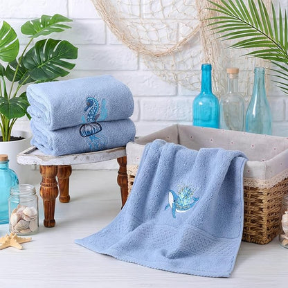 3 Pack Ocean Hand Towels for Bathroom 100% Cotton Embroidered Seahorse
