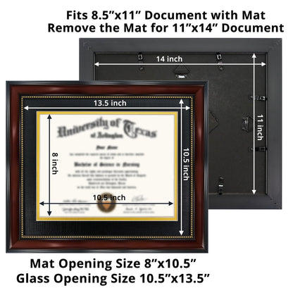 GraduationMall 8.5x11 Diploma Frame with Black over Gold Mat or Display 11x14 Document without Mat, UV Protection Acrylic, Mahogany with Gold Beads, Set of 2