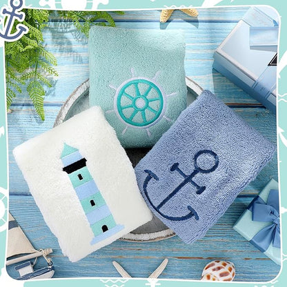 3 Pack Nautical Hand Towels for Bathroom 100% Cotton Embroidered Beach Bathroom